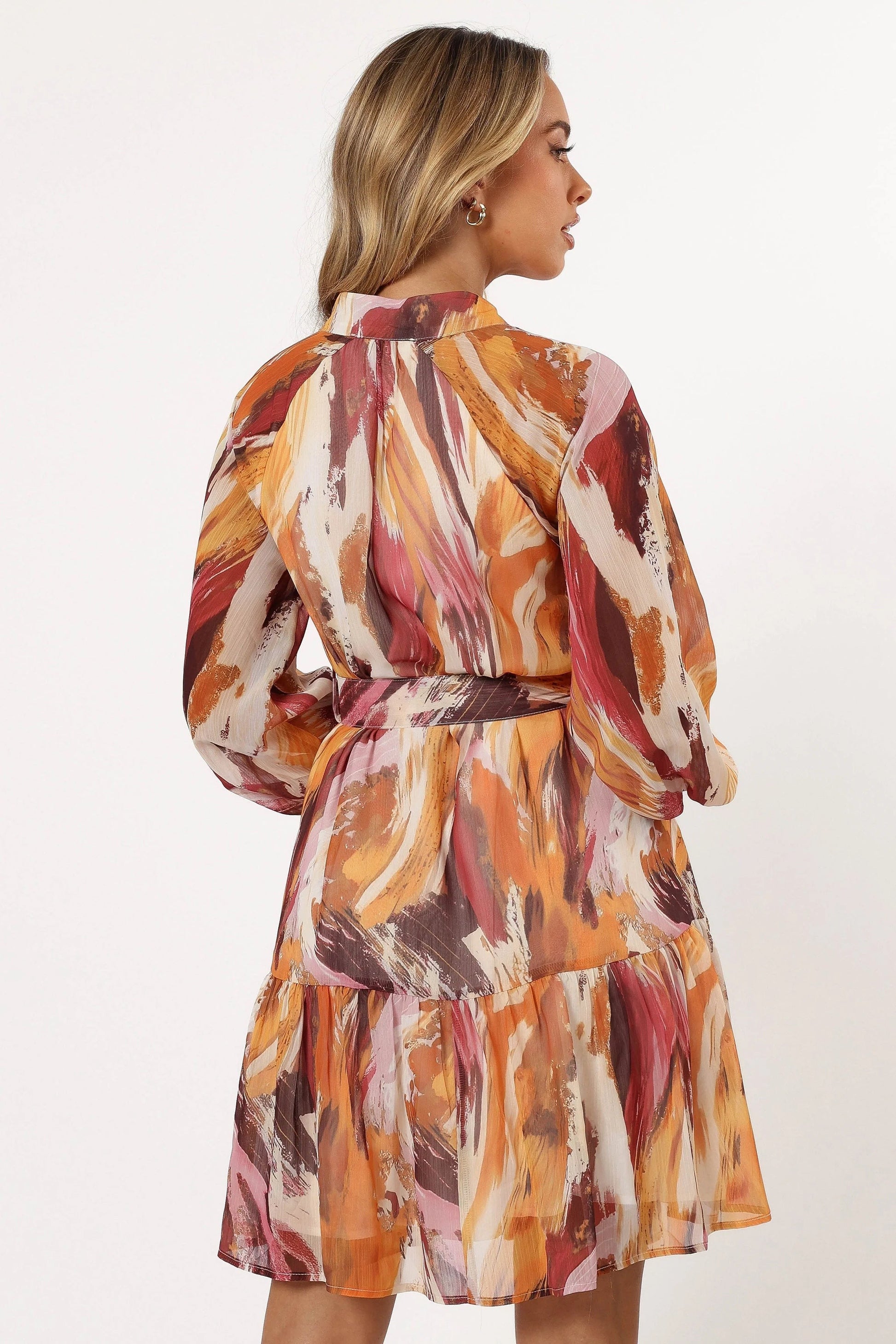 Button-Front Belted Long-Sleeve Mini Dress