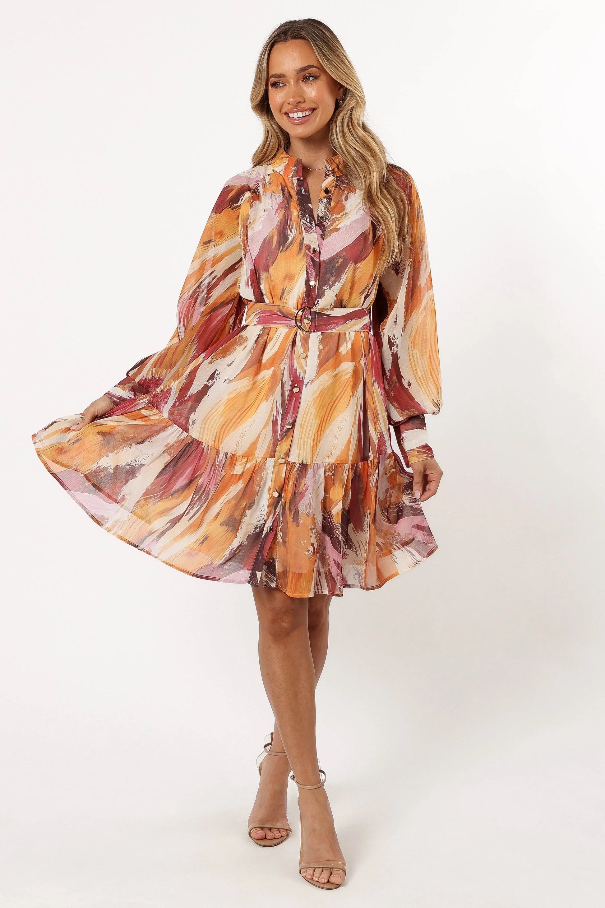 Button-Front Belted Long-Sleeve Mini Dress