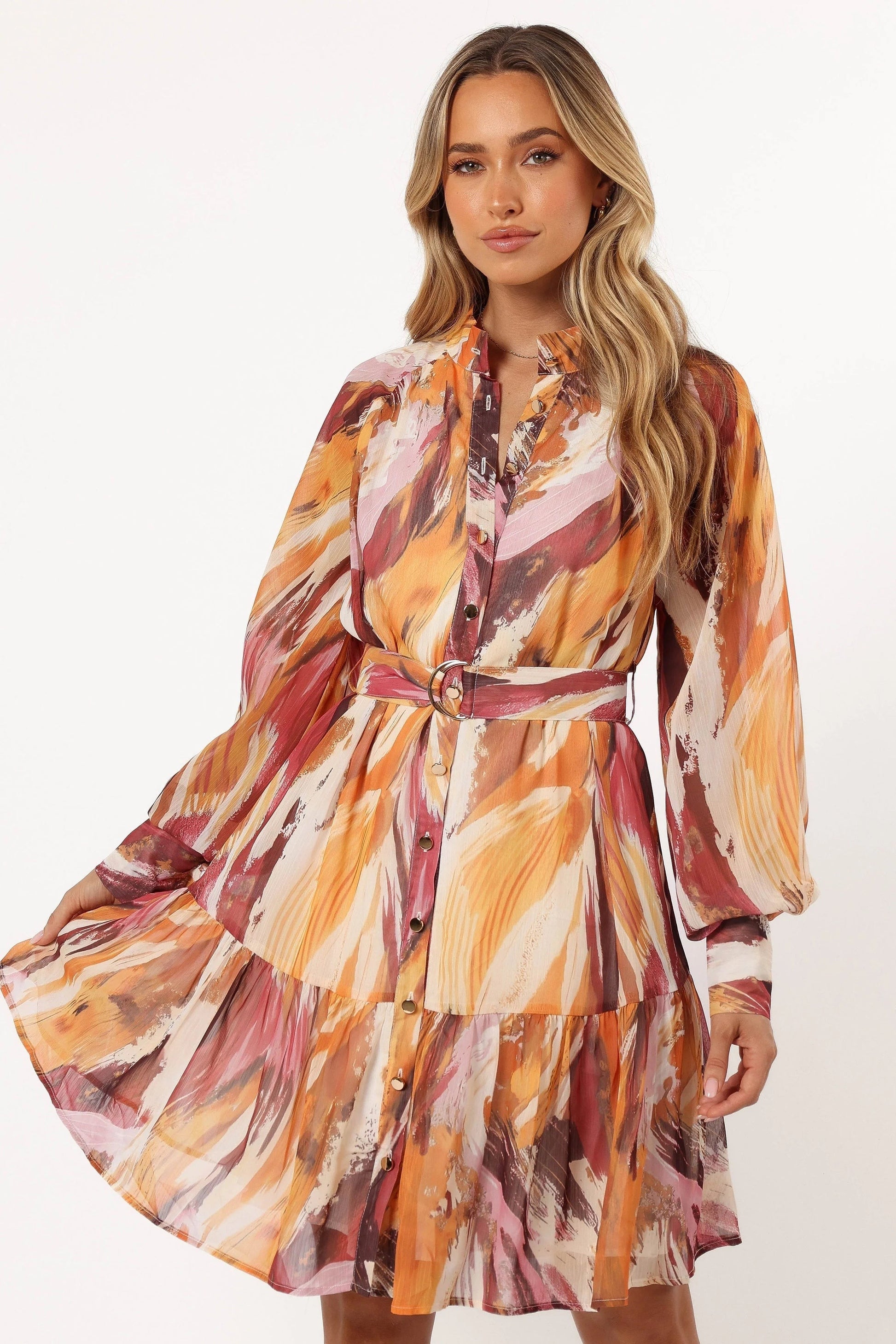 Button-Front Belted Long-Sleeve Mini Dress