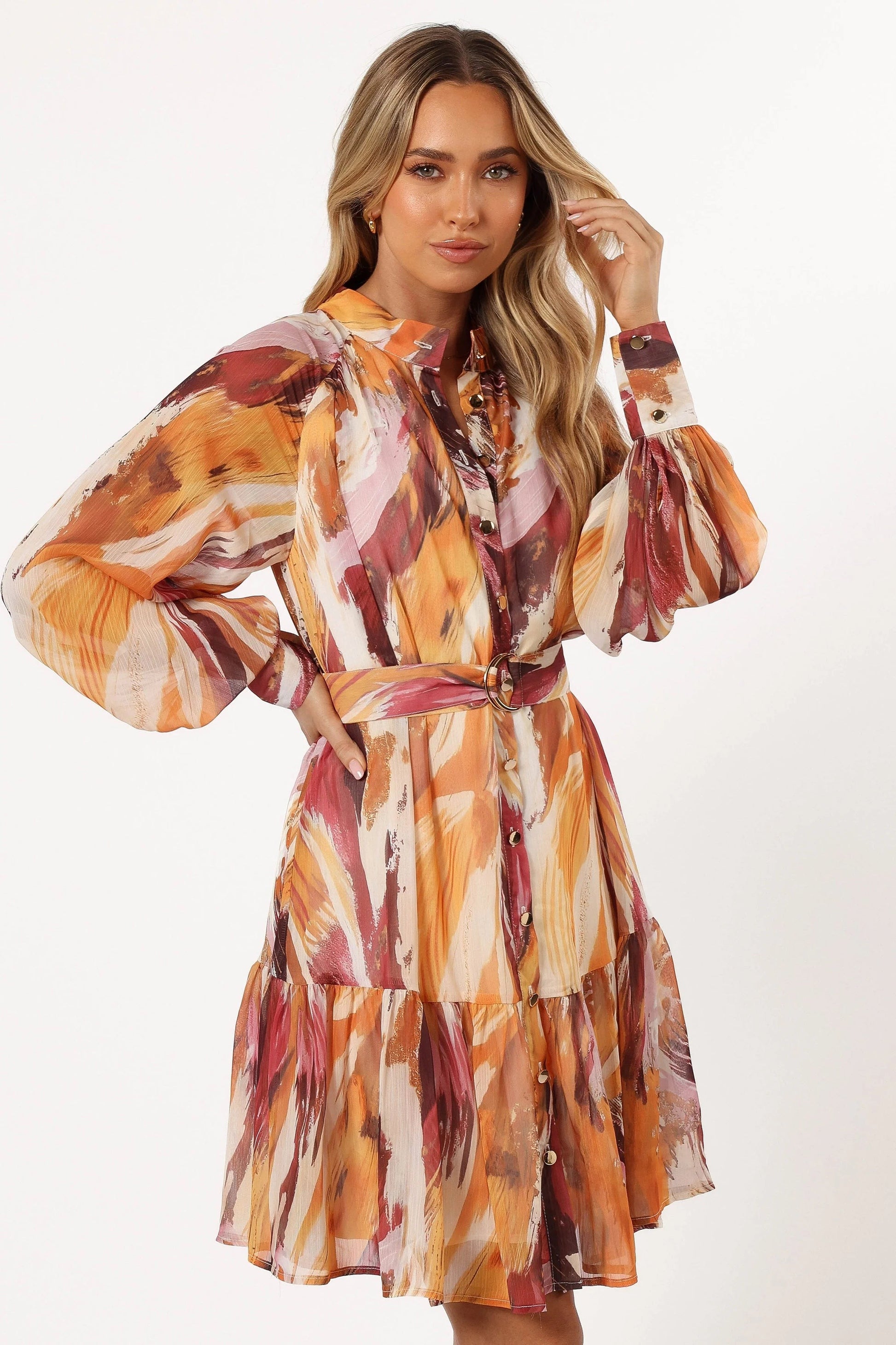 Button-Front Belted Long-Sleeve Mini Dress