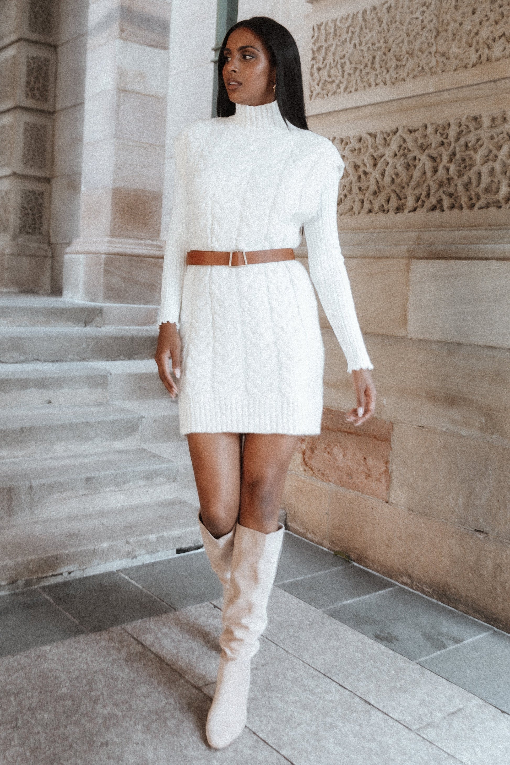 Cable-Knit Turtleneck Mini Dress