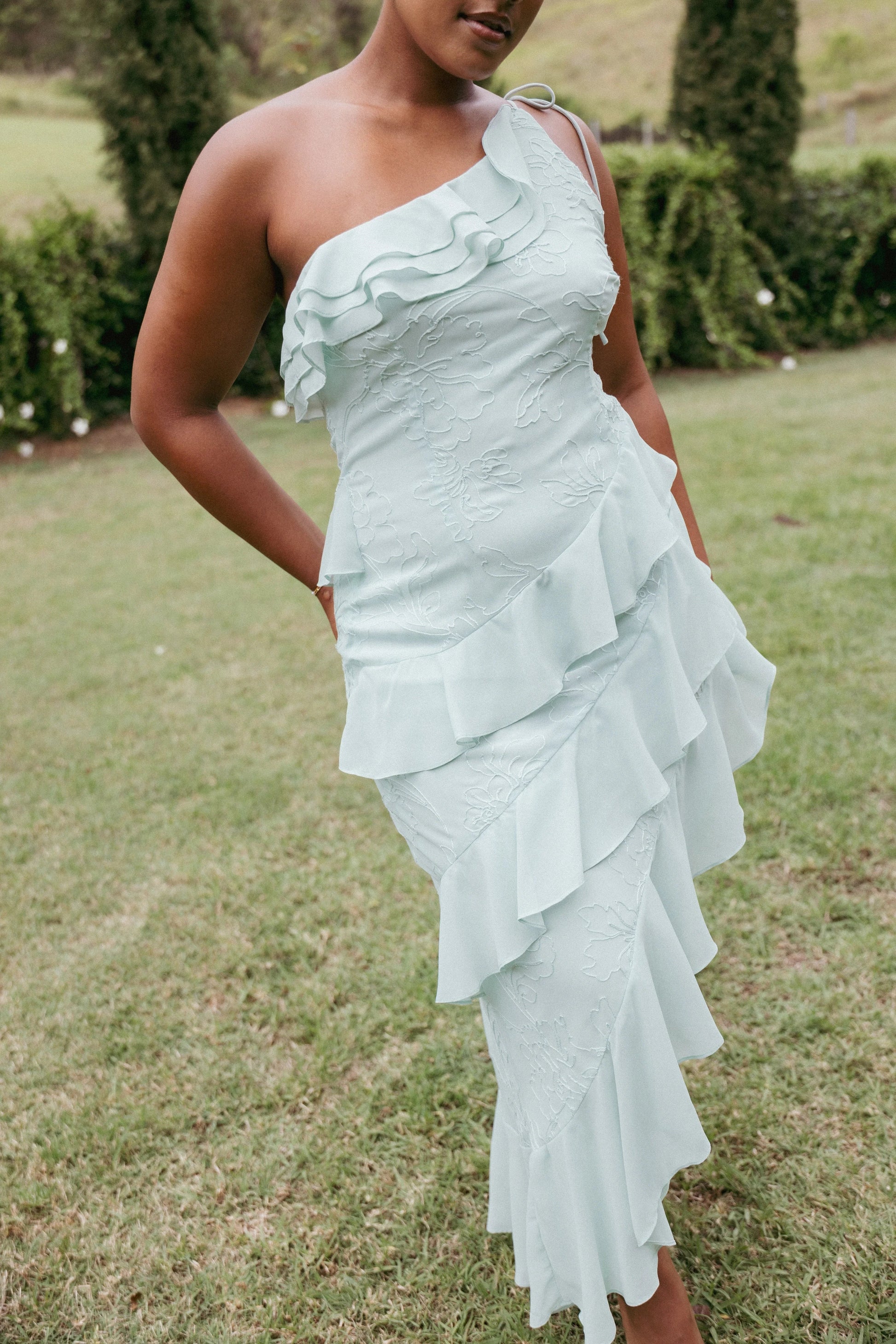 One-Shoulder Ruffle Tiered Maxi Dress