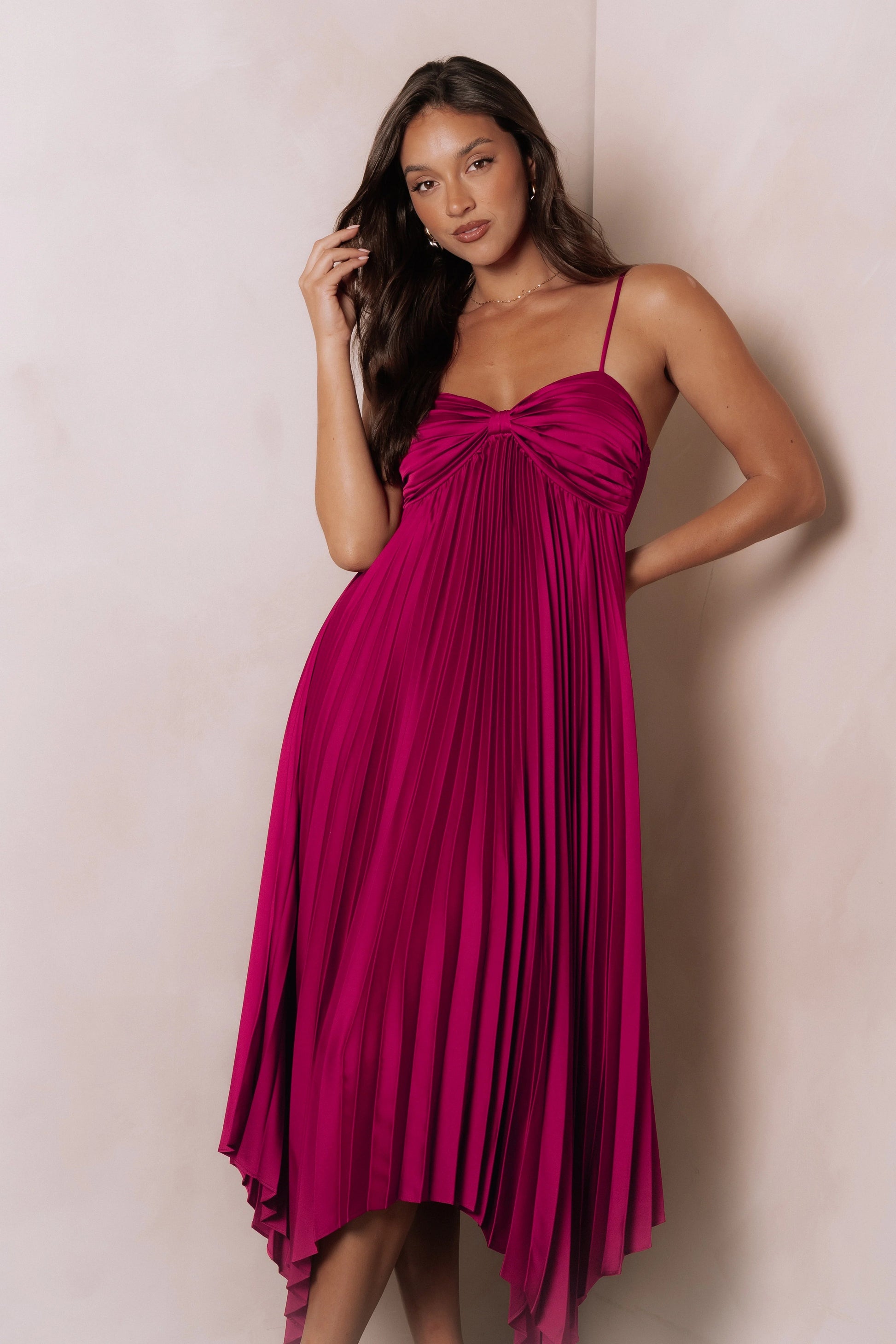 Pleated Asymmetrical Midi Dress