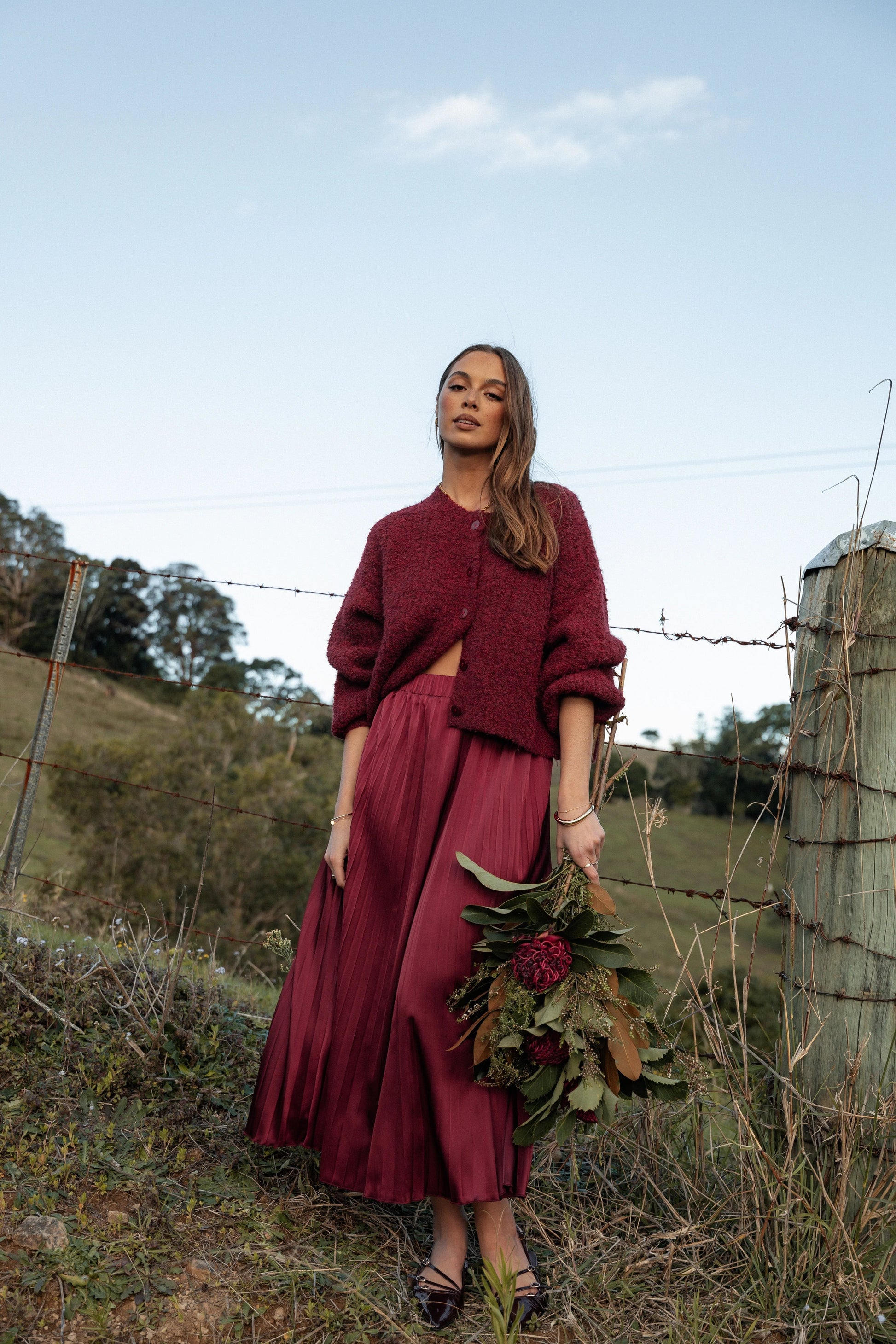 Pleated Satin Maxi Skirt